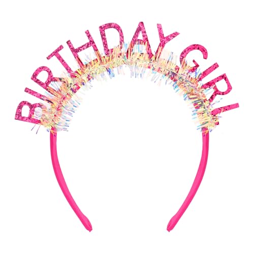 Jaciya Birthday Girl Headband Hot Pink Glitter Headband Crown with Colorful Tinsel Fringe Sparkling Birthday Party Hair Accessory