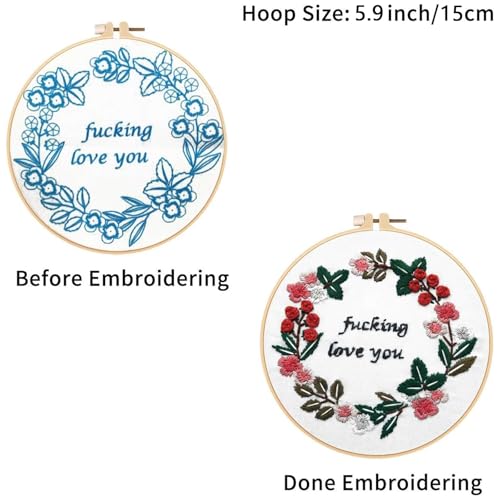 Image of Louise Maelys Embroidery Starter Kit with 3 Hoops for Adults Funny Floral Wreath Pattern for Beginners Needlepoint Kits