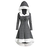 Lazzboy Kostüm Damen Langarm Patchwork Mit Kapuze Vintage Kleid Partykleid Frauen Strickkleid Cocktailkleid A-Linie Kleider Abendkleid Karneval Kostüme Cosplay(Grau,S)
