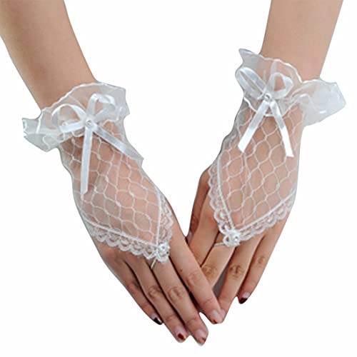 Olbye Womens Wedding Fingerless Rhinestone Lace Gloves - Lace Bow Wrist Gloves in White