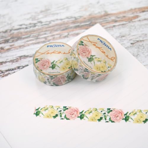 Image of Frontia Masking Tape, Yoko.N Yellow & Pink Roses, Japanese Decorative Tape for DIY Diary Crafts Journaling Scrapbook (3 Packs, Bulk Pack)