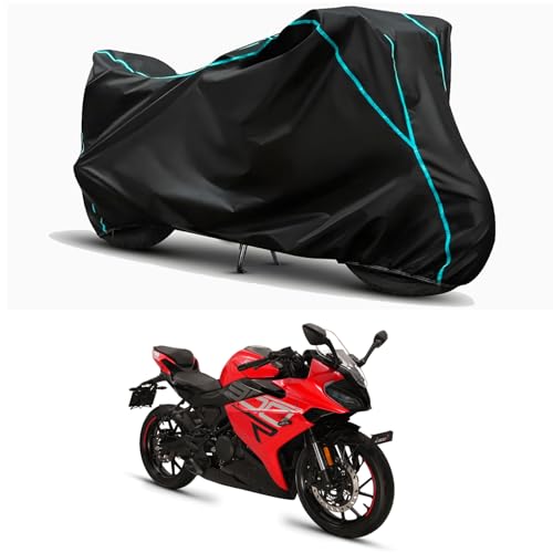 Image of Waterproof Bike Body Cover Compatible for | Keeway K300 R Glossy BS6 | Taffeta Fabric, Sky Piping Design, Bottom Elastic Fit | Dustproof, Sun UV & Rain Protection for All Weather.