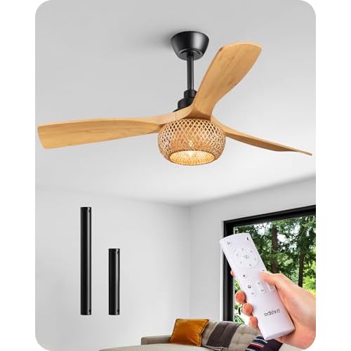 EDISHINE 52" Boho Ceiling Fans with Lights, Wickerwork Cage & 3-ABS Blades, 10%-100% Dimmable, 1/2/4/6H Timer, Remote Control, 6 Speeds, Indoor Noiseless Rattan Ceiling Fan for Living Room,