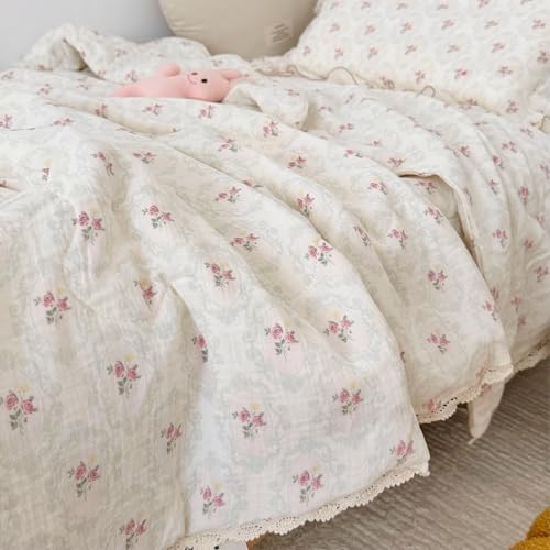 Image of BuLuTu Double-Layer Cotton Muslin Toddler Quilted Blanket, Romantic Floral Design Baby Girls Crib Comforter with Lace Edges, Soft Lightweight Kids Quilt, 47 inchx59 inch, Begonia Print