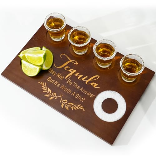 Tequila Shot Board Glass Holder Wooden Bar Tray with Salt Rim 8x11.8 Inch for Tequila Lover, Father's Day