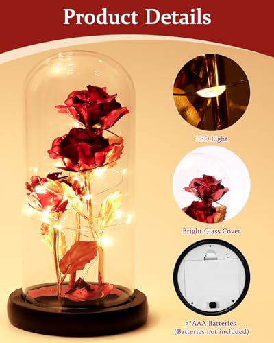 Ewige Rose im Glas, Rose Geschenke für Frauen, Die Schöne und Das Biest LED Licht Rosen im Glaskuppel Glitzer Rosen Geburtstags Geschenk für Frauen, Mama, Muttertagsgeschenke für Mama
