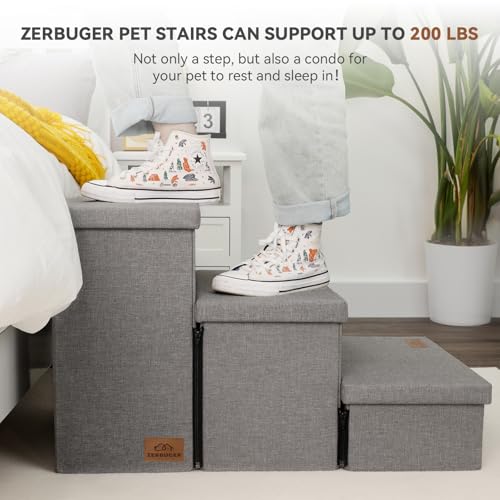 Dog-Stairs-with-Storage-175-H-3-Step-Wider-Dog-Steps-for-SmallMediumLarge-Dogs-Cats-Folding-Sturdy-Pet-Stairs-Climbing-Bed-or-Sofa-Dog-Ramp-for-Car-Hold-Up-to-200-lbs-Smok-Gray-No-Condo Dog Stairs with Storage 175 H 3 Step Wider Dog Steps for SmallMediumLarge Dogs Cats Folding Sturdy Pet Stairs Climbing Bed or Sofa Dog Ramp for Car Hold Up to 200 lbs Smok Gray No Condo