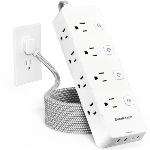 10 Ft Surge Protector Power Strip - 8 Widely AC Outlet 4 USB Ports(2 USB C), Flat Plug Extension Cord with Multiple Outlets, Individual Switches, Desk Extender for Dorm, Home, Office Essentials, 1400J