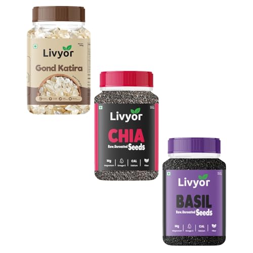 Image of Livyor Gond Katira, Chia Seeds, Basil Seeds Combo Pack 200g x 3 (Gond Katira + Chia Seeds + Basil Seeds)