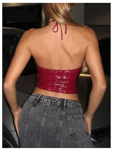 WDIRARA Women's PU Leather Halter Top V Neck Sleeveless Cami Y2k Crop Tops3