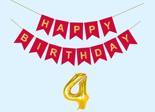 Image of 4th Happy Birthday Decoration Kit Red for 4 year Old Boys Girls Baby with Number Four Party Decorations Decor Celebration Items Item Set Combo Reusable Paper Banner