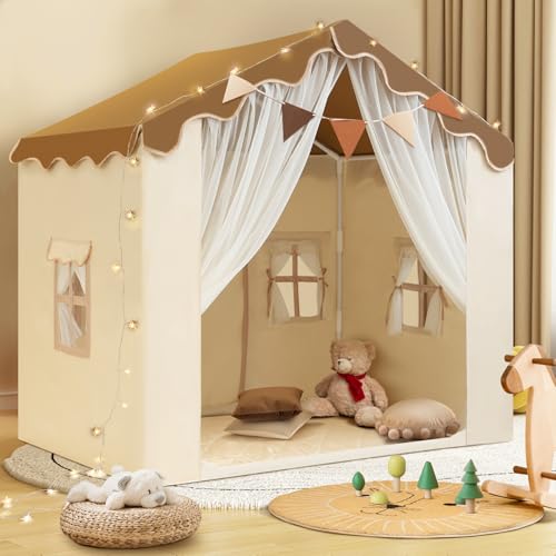 WIRHAO Kids Tent with Padded Mat Kids Playhouse Tent 2 in 1, Kids Play Tent Large Space Indoor with 2 Doors and 4 Windows for Girls Boys with Stars Lights, Carry Bag, Banner Flag (Brown, 2 in 1)