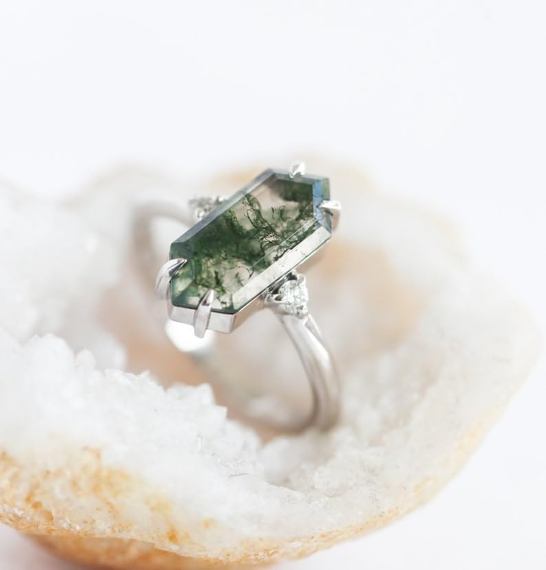 Retro Long hexagon Moss Agate Ring Vintage Sterling Silver Ring Unique Agate Engagement Ring Promise Ring Anniversary Ring Gift For Her