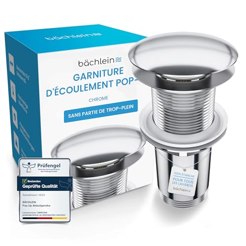 Bächlein Bonde Universelle sans Trop-Plein pour Lavabo et Évier – Valve Pop-up Chromée – 3 Joints pour Lavabos de Tous Genres Inclus, Valve...