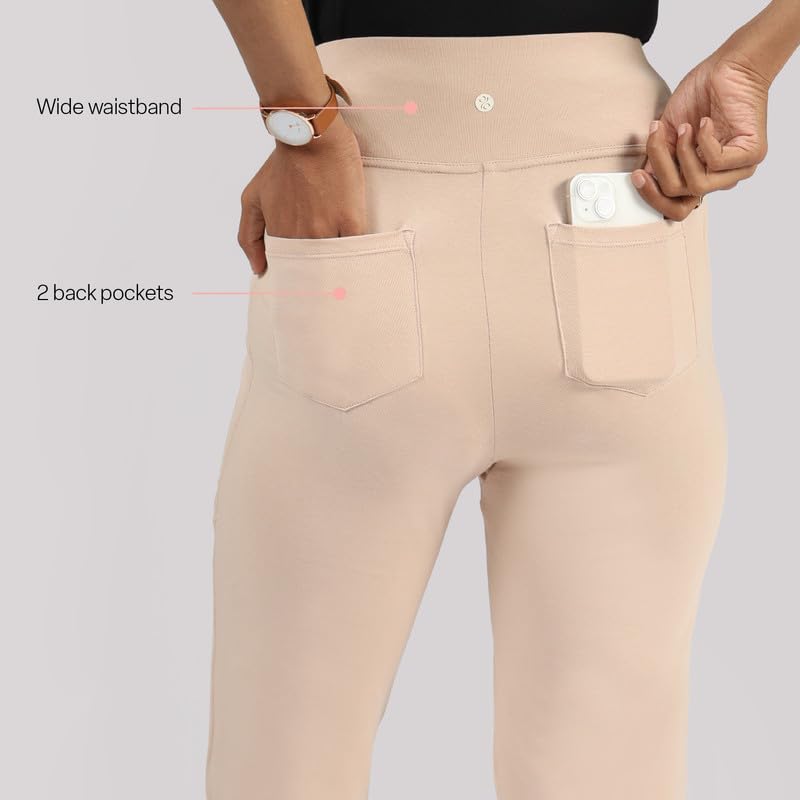 Image of Blissclub AM:PM Cotton Flare Pants for Women Upto 5'4 ft | Wide Waistband, 4 Pockets | Bell Bottom Pants and high Waist Trousers for Office wear