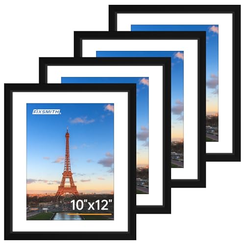 FIXSMITH 10x12 Picture Frame Set of 4 Photo Frame with HD Plexiglass Display Pictures 7x9 with Mat or 10x12 Without Mat Black Picture Frames Collage Wall Decor Gallary Wall Frame