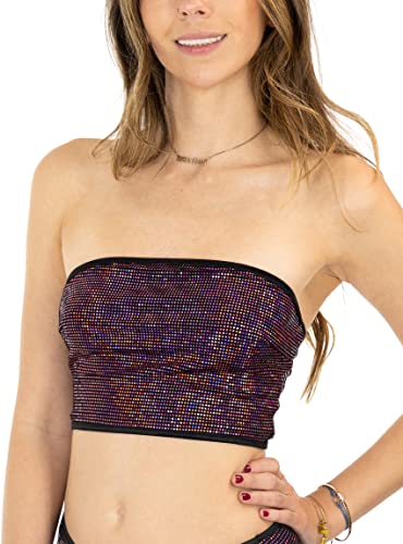 Festival Spaghetti Strap Bandeau Women's Rave Crop Top (Medium, Pink Pixie Bandeau)