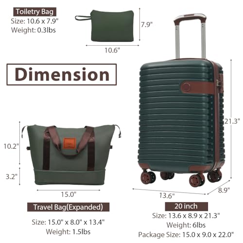 3 Piece Carry on Luggage Sets 20 Inch Airline Approved Lightweight Hardshell ABS Suitcases with Wheels Green 22x14x9 (Green)2