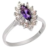 Luxurious Solid Sterling Silver Natural Marquise Amethyst & Pearl Cluster Ring - Size Y
