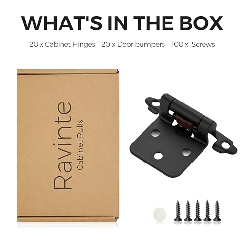 Image of Ravinte 20 Pack (10 Pairs) 1 /2 inch Overlay Cabinet Hinges, Self-Closing Semi-Concealed Face Mount, Matte Black Decorative Hardware with Door Bumpers for Kitchen & Cupboard Doors