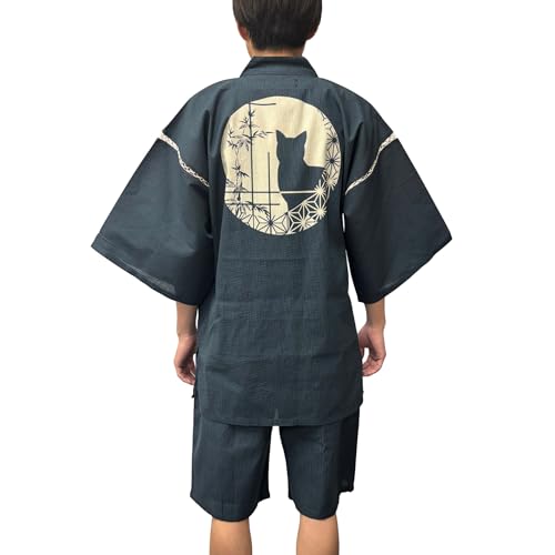 江戸てん 甚平 しじら織り 丸窓の猫 紺 3L