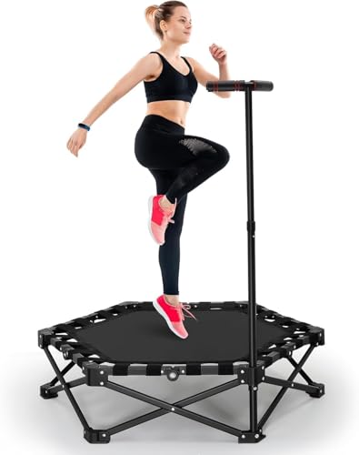 Trampoline de fitness pliable, capacité de charge de 150 kg, 3 niveaux de poignée réglables, pliable, portable avec design silencieux, rebond d'exercice stable et silencieux, pour enfants et adultes