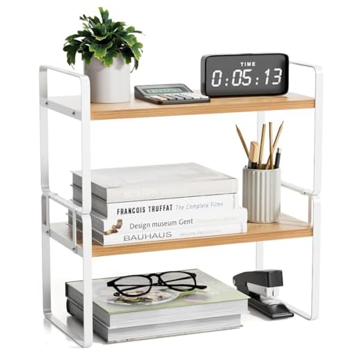 YGYQZ Wood Office Desk Shelf Organizer - Desktop Supplies Cute Dresser Top Organization Storage Rack and Cubicle Decor Aesthetic Bookshelf for Women Man and Kids (Black-Two Tier) (White-Two Tier)