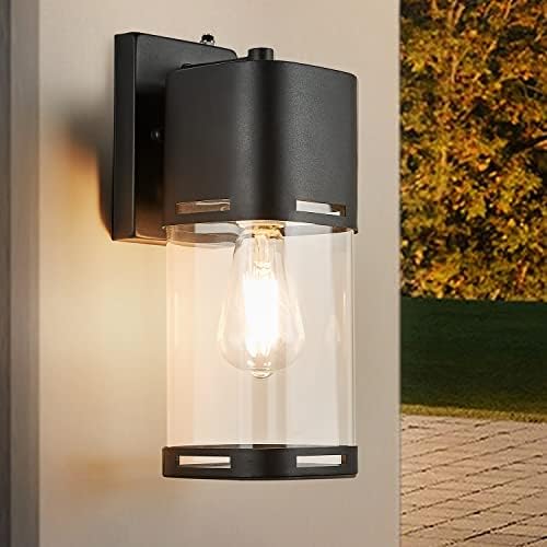 Modern Dusk to Dawn Outdoor Wall Sconce Waterproof Matte Black Exterior Light Fixtures Wall Mount Photocell Sensor Porch light Outdoor Wall with Clear Glass Shade for Garage, Front Door Lighting