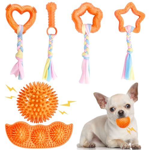 ABRRLO 6 Pack Puppy Teething Toys Cute Orange Puppy Chew Toys for Teething Durable Small Dog Chew Toy for Puppies Small Dog Squeaky Balls Interactive Soft Rubber Rope Doggy Chews Toy Set