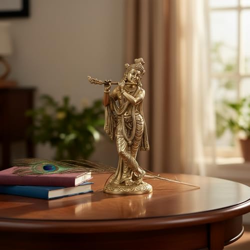 Image of eCraftIndia Golden Brass Lord Krishna Idol Playing Flute | Krishna Statue for Home Living Room Office