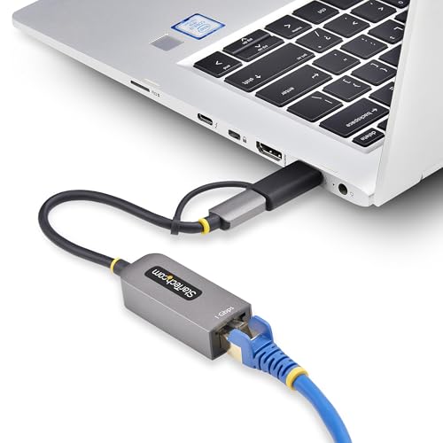 Image of StarTech USB-C to GbE Ethernet Adapter, 10 /100 /1000Mbps, USB-A Dongle | USB GbE Adapter, 6in /15cm Attached Cable, Status LEDs, C21GA-USB-ETHERNET