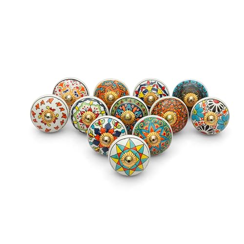 Image of Craft Trade Multicolor Mandala Ceramic Cabinet Knobs - Set of 12 | 1.5 Inch Diameter Handmade Floral Design Pulls for Drawers & Wardrobes Premium Decorative Furniture Knobs with Fitting Hardware