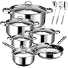 Hunnycook Stainless Steel Pot and Pan Set – 15pcs Induction Hob Pots and Pans Sets, Includes 5 Pots and Saucepan with Lid, Frying Pan & 3 Kitchen Tools, Nonstick & Fixed Handles, PFOA Free