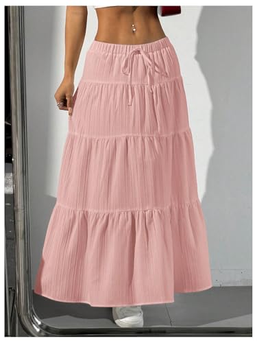 Image of Verdusa Women's Long Maxi Skirt Boho Flowy Flared Ruffle Skirts 2026 Beach Vacation Summer Going Out Outfits