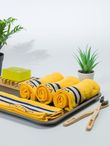 Image of NAUTICA Super Soft Zero Twist 100% Cotton Towel -4pc Face Towel (Vintage Crew Stripe) solid-yellow-500 GSM