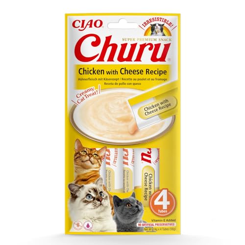 INABA Churu Püree Katzen-Leckerli - Katzenpaste zum Füttern aus der Hand - Köstliche Katzensnacks zum Schlecken - Katzensticks mit Hühnchen und Käse - 1 Packung / 4 Sticks, 14 g (4er Pack)