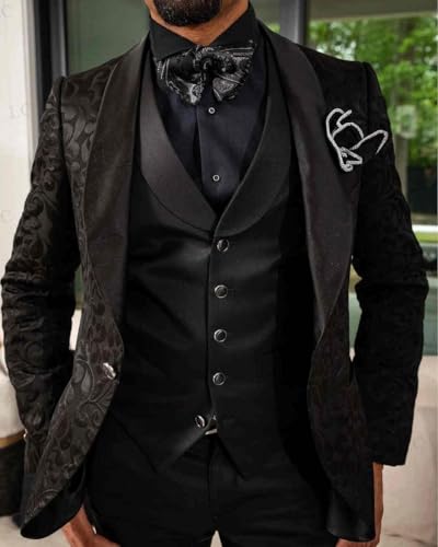 Ulnomio Men's 3-Piece Shawl Lapel Suit Jacquard Jacket Single Breasted Vest and Pants for Festive Activities3