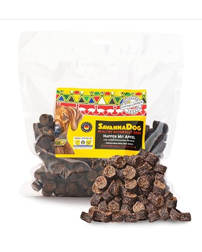 SavannaDog Happen mit Apfel 800g - Hunde Leckerlis getreidefrei & hypoallergen, Leckereien für Hunde mit Straußenfleisch, Hundeleckerli mit wertvollen Ballaststoffen