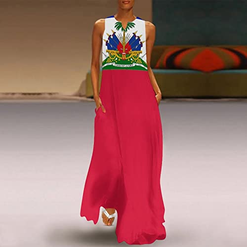 Image of TAIZIYEAH Long Dress Haiti Flag Women's Summer Casual Loose Dress Long Dress Short Sleeve for Girls Fashion Skirts 3XL