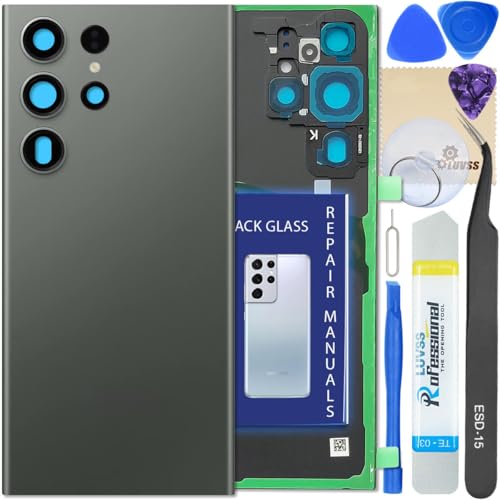 LUVSS Vitre Arrière pour Samsung Galaxy S23 Ultra SM-S918B/DS Vert Coque Cache Batterie avec Lentille de Caméra, Adhésifs, Kit Outils, Guide De Réparation
