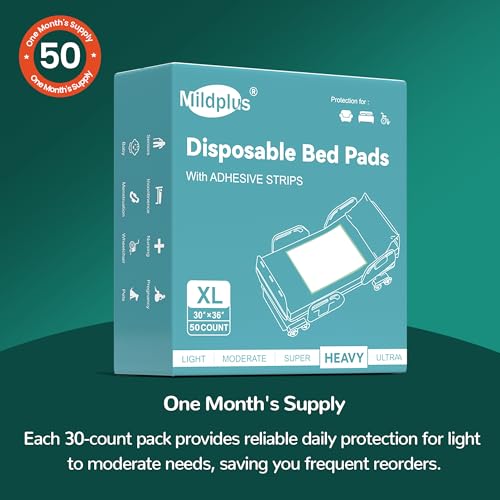 Image of MILDPLUS Disposable Bed Pads with Adhesive Strip 30 inch x 36 inch (50 Count), Super Absorbent Incontinence Underpads for Adult, Ultra Thick Leakproof Extra Pee Pads, Pet Training Pad