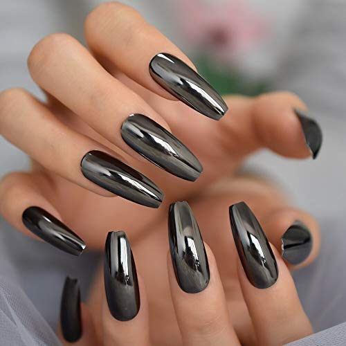 Coolnail L5631-C Reflective Mirror Punk Design Silver Gray Metal Plating False Acrylic Nail Tips Metallic Ballerina Coffin Fake Nails thumb #5