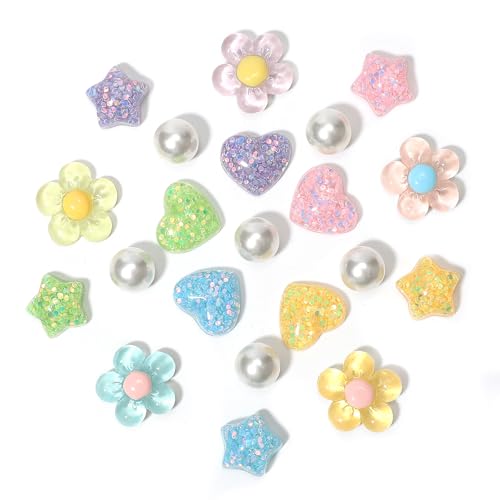 CIKKITZ 21Pcs Colorful Flower Shoe Charms for Clog Sandals, Heart, Star, Pearl Charms Accessories for Girls, DIY Shoe Decoration Charms for Women, Party Favor