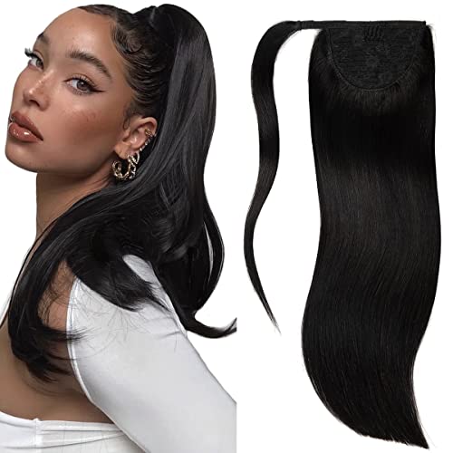 Lacer Remy Human Hair Ponytail Jet Black Wrap Around Ponytail Human Hair Natural Soft Comb Ponytail Hair Pieces for Women 80G 18 Inch