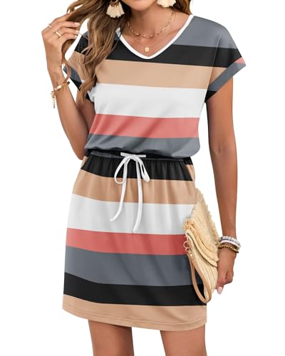 Image of AUSELILY Womens Summer Mini Dress, Short Sleeve V Neck Drawstring Casual | Soft smooth drape with an adjustable drawstring waist for beach, casual outings and daily wear