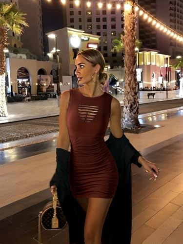 Image of DRESSQUEEN Women 2026 Sexy Summer Bodycon Ruched Party Club Mini Dress Sleeveless Cutout Tight Date Night Tank Short Dresses