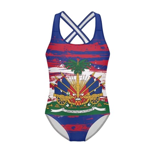 JUDENTIDOS Haiti Flag Print Girls Bathing Suit One Piece Swimsuit with Cross Back Straps Size 5 to 14 Years Sleeveless Swimwear Cute Gymnastics Leotards