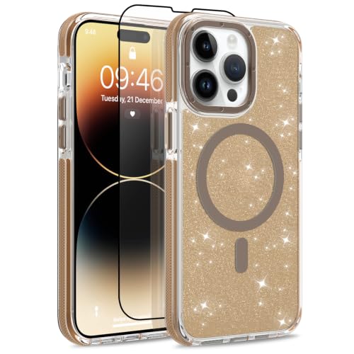 Image of Magnetic Case for iPhone 14 Pro Max [Compatible with Magsafe] [Bling Glitter Fluorescent Design] [1 Screen Protector] Slim Translucent Matte Case for iPhone 14 Pro Max 6.7 inch 2022, Desert