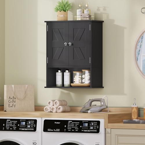 Image of TEENFON Bathroom Wall Cabinet Over the Toilet Storage Cabinet with Barn Doors and Adjustable Shelves Bathroom Cabinet Over Toilet for Bathroom, Kitchen, Laundry Room,Black