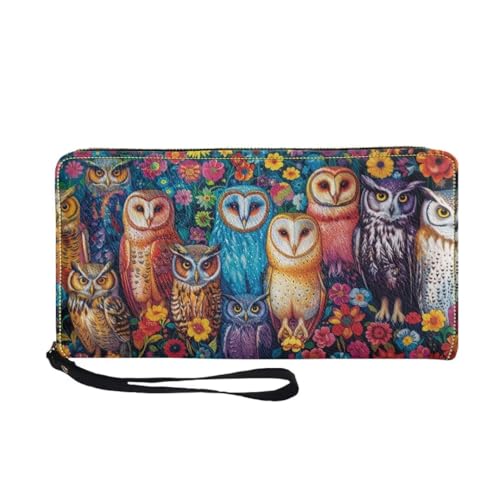 Womens Flower Owl Wallet PU Leather Zip Around Wallet Large Capacity Long Purse Credit Card Clutch Wristlet